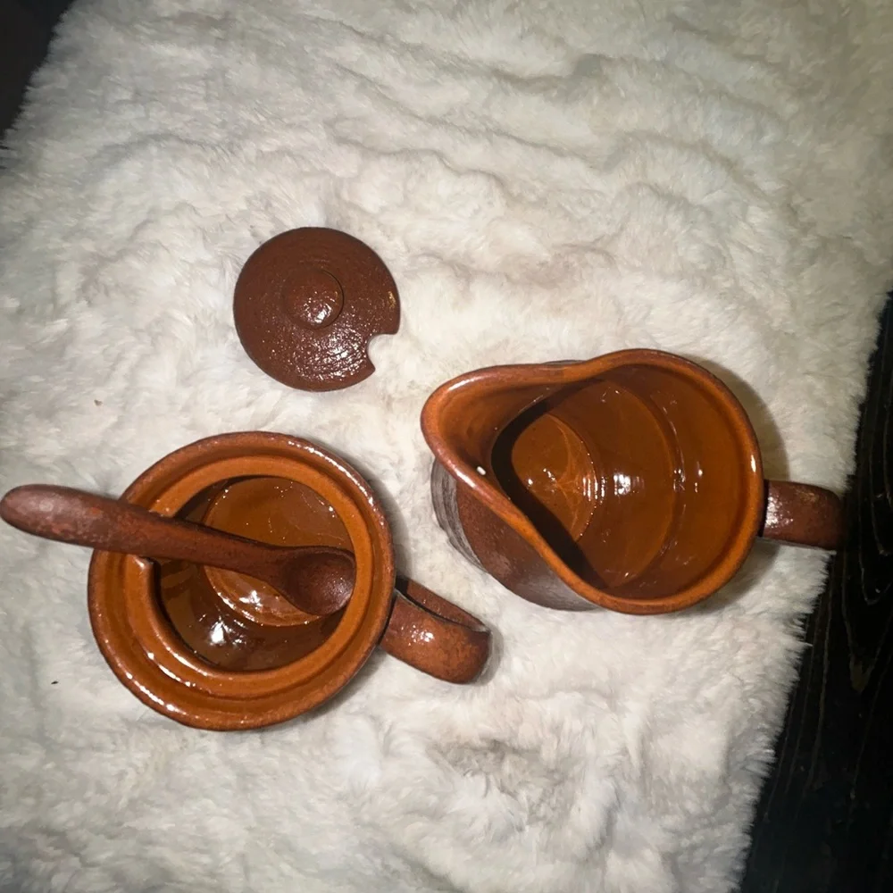 50%offw❤️ PRIMITIVE BROWNSTONE SUGAR AND CREAMER SET RAGON HOUSE vintage